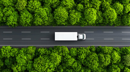 Aerial View Of White Truck On Black Asphalt Road Surrounded By Lush Green Forest Under Sunlight