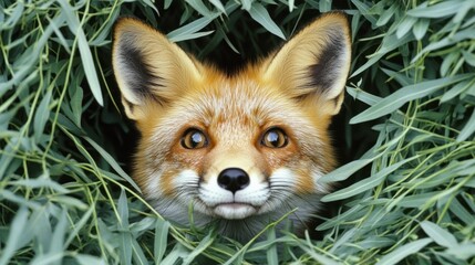 Obraz premium Red Fox Peeking Through Lush Green Foliage