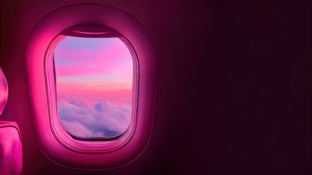 View of a window of an airplane with a pink sky, soft pastel hues blending across the horizon, gentle clouds floating peacefully, concept of travel, serene moments, breathtaking views

