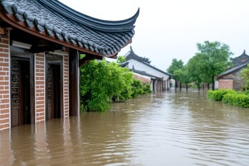 Obraz premium A village submerged after a typhoon, with only rooftops peeking above the murky water