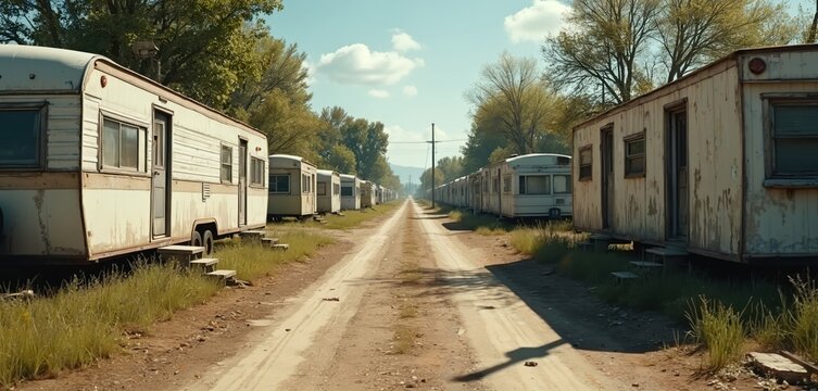 Long row of old dilapidated trailer park homes along dirt road shows poverty problem in America. Cheap mobile home houses, low income neighborhood with weathered homes in perspective view.