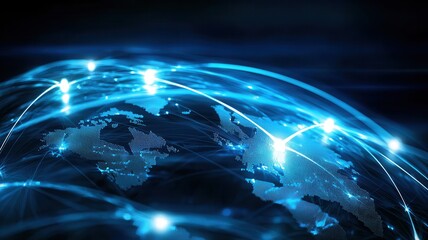 Bright lines connecting continents on digital world map illustrating global data exchange and international communication
