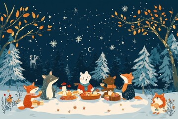 Animals enjoying a winter feast under a starry night sky