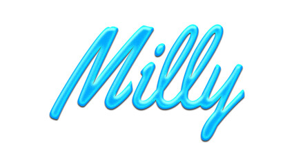 Glowing blue effect of name Milly on white background.