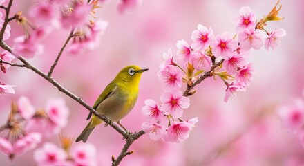 Fototapeta premium Japanese spring bird perched on cherry blossom branch with soft bokeh background