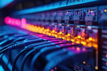 Network server cables glowing in vibrant colors data center technology