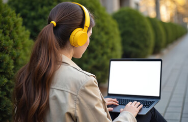 Woman on street looks at blank computer screen wearing yellow headphones. Student uses laptop outside. Freelancer works online. Digital nomad concept. Copy space. Distance learning. Video conference.