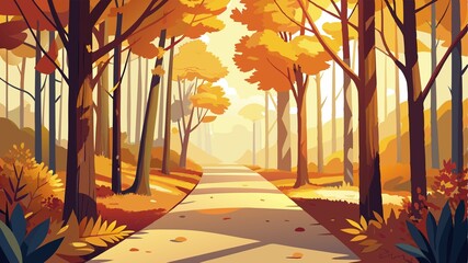 A tranquil forest scene unfolds, where a path is completely covered in a thick blanket of golden autumn leaves, their warm hues and inviting textures inviting a sense of peace, tranquility, and the s