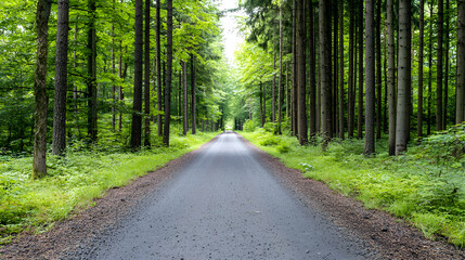 Obraz premium Straight Asphalt Road Through Dense Green Forest with Tall Trees during Daytime