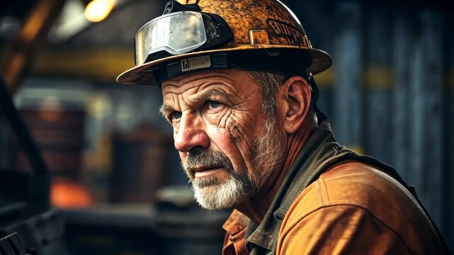 dramatic documentary style portrait of an old man a construction worker wearing a helmet and uniform on a work site, dirty stain on his face and clothes