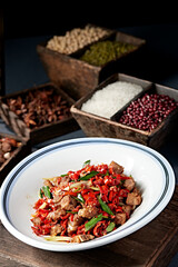 Hunan cuisine stir-fried pork ribs with garlic sprouts and chopped pepper