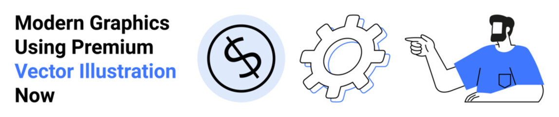 Man pointing at gear and dollar icon, symbolizing technology, business strategy, finance, innovation, and professional growth. Ideal for marketing, teamwork, economy and flat landing page banner