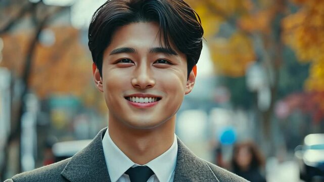 portrait of a handsome Korean young man wearing business attire smiling at city street	
