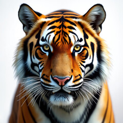 Naklejka premium Magnificent bengal tiger portrait. Striped fur, feline predator with orange, black stripes. Wild animal gazes with piercing yellow eyes. Jungle cat, isolated big mammal head on white background,