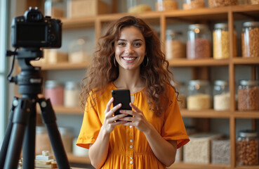 Young woman streams product review on smartphone, presents detail on social media. The girl sells clothes on live streaming with smile. Home clothes storage shelves on background.