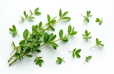 Top view of oregano twigs and green leaves isolated on white. Fresh marjoram sprigs on clear background. Culinary herb, spice, raw seasoning, ingredient for healthy food.