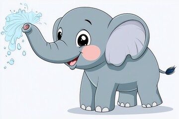 Fototapeta premium Cute cartoon elephant playfully spraying water from its trunk in a cheerful, colorful setting