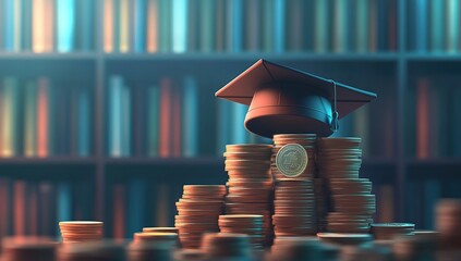 Graduation Cap on Stack of Coins in Library Setting