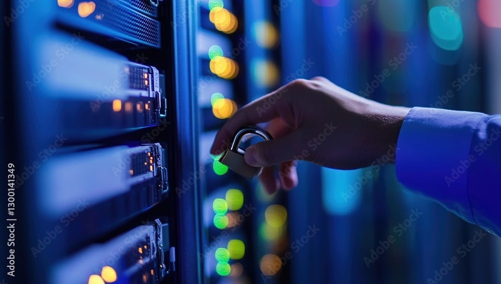 Poster hand securing a lock on a server rack in a data center