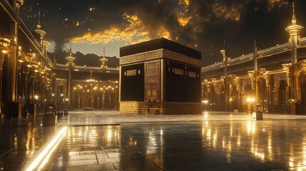 Fototapeta premium The Sacred Kaaba At Sunset, A Breathtaking View Of Serene Islamic Architecture Bathed In Warm Golden Light Reflecting On Wet Stones
