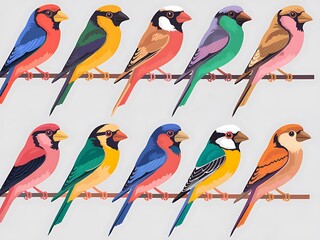 Naklejka premium Row of colorful birds are sitting on a branch