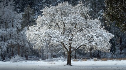 A California black oak dusted with snow in Camp Four aka Sunnyside Campground in Yosemite National Park, California
