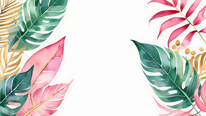 Watercolor Tropical Leaves Illustration with Golden Accents on White Background