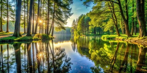 Fototapeta premium Serene forest scene with sunlight filtering through trees