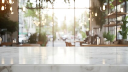 Bright White Marble Tabletop Against Blurred Cafe Background