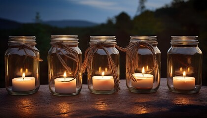 Recycled glass jar lanterns: Glass jars repurposed as lanterns with twine handles and glowing candles inside, arranged on a stone surface