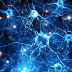 Glowing neural network: close-up view of neural connections in blue light