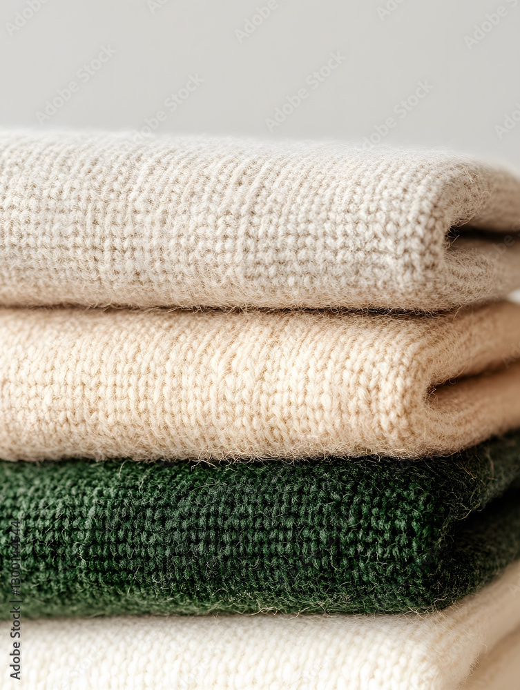 Poster stack of folded fabric in neutral and green tones