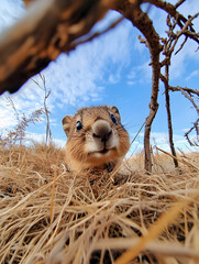 Fototapeta premium A close-up view of a curious animal in dry grass under a blue sky