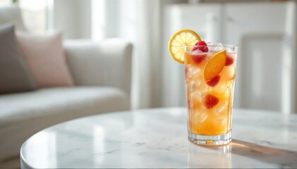 Refreshing cocktail with fruit garnishes placed on a marble table in a bright indoor setting