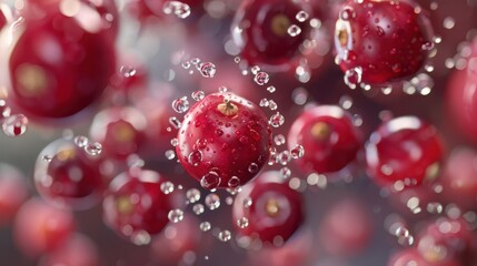 Floating Cranberries – Vibrant Red with Water Droplets and Hyper-Realistic Detail