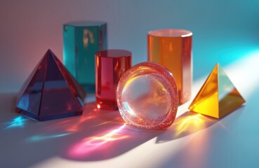 Abstract background with colorful glass geometric figures prisms. Light diffraction with spectrum colors. Complex reflections of rainbow optic rays, sunlight dispersion. Creative magical lens effect,