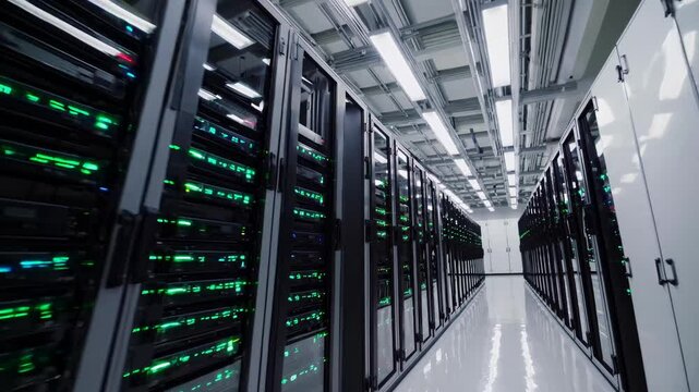 Panoramic view revealing rows of network servers with blinking led lights, showcasing powerful computing infrastructure inside contemporary data center environment