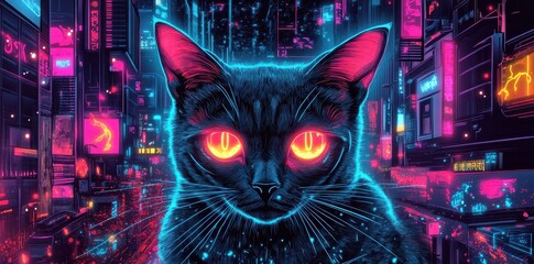 A glowing cybernetic cat with illuminated eyes and ears in city