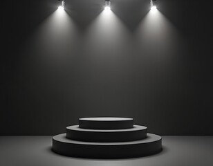 Obraz premium Three-tiered black round podium on dark background with spotlights. Abstract geometric pedestal for product display, presentation. Minimal stage design, showroom platform mockup, product placement