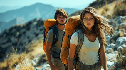 A young man and a young woman travelers hiking with backpacks on the rocky trail up on top of a mountain. Travel and adventure concept. Ai generated.