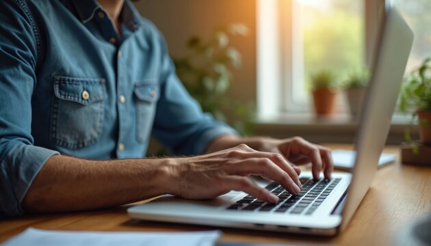 Man works at desk using laptop. Focus on hands typing on keyboard. Suitable for business, technology, and remote work concepts, home office, online education. Natural light from window.