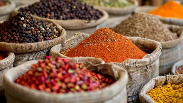 various type of beans and spice in sack clothes at Indian street market