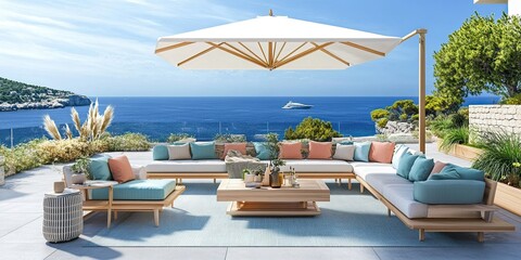 Fototapeta premium Serene coastal outdoor lounge with light wood furniture and pastel cushions