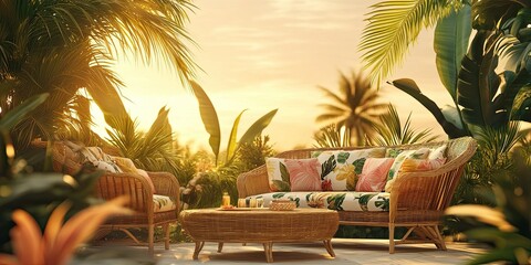 Fototapeta premium Serene Tropical Terrace, Wicker Furniture and Floral Cushions in Lush Garden Oasis
