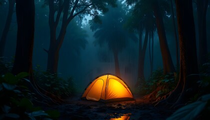 Illuminated Tent in a Mysterious Night Forest