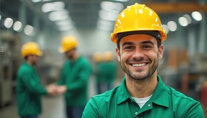Confident worker in green uniform, yellow hard hat at industrial facility. Male engineer smiles, teamwork in background. Manufacturing safety, occupational expertise. Construction staff in protective