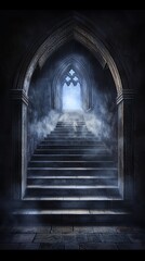 Dark Gothic Archway with Stone Steps Leading to Light