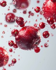 Floating Fresh Cranberries – Vibrant Red with Water Droplets in Mid-Air
