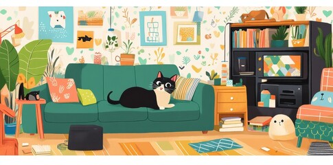 Fototapeta premium A relaxed cat resting comfortably on a green living room sofa