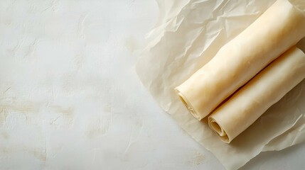 Thin Tofu Skin Rolls on Parchment Paper, Traditional Asian Ingredient